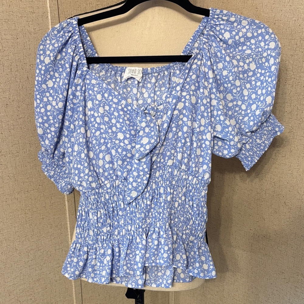 Sienna Sky Light Blue and White Floral cropped Blouse